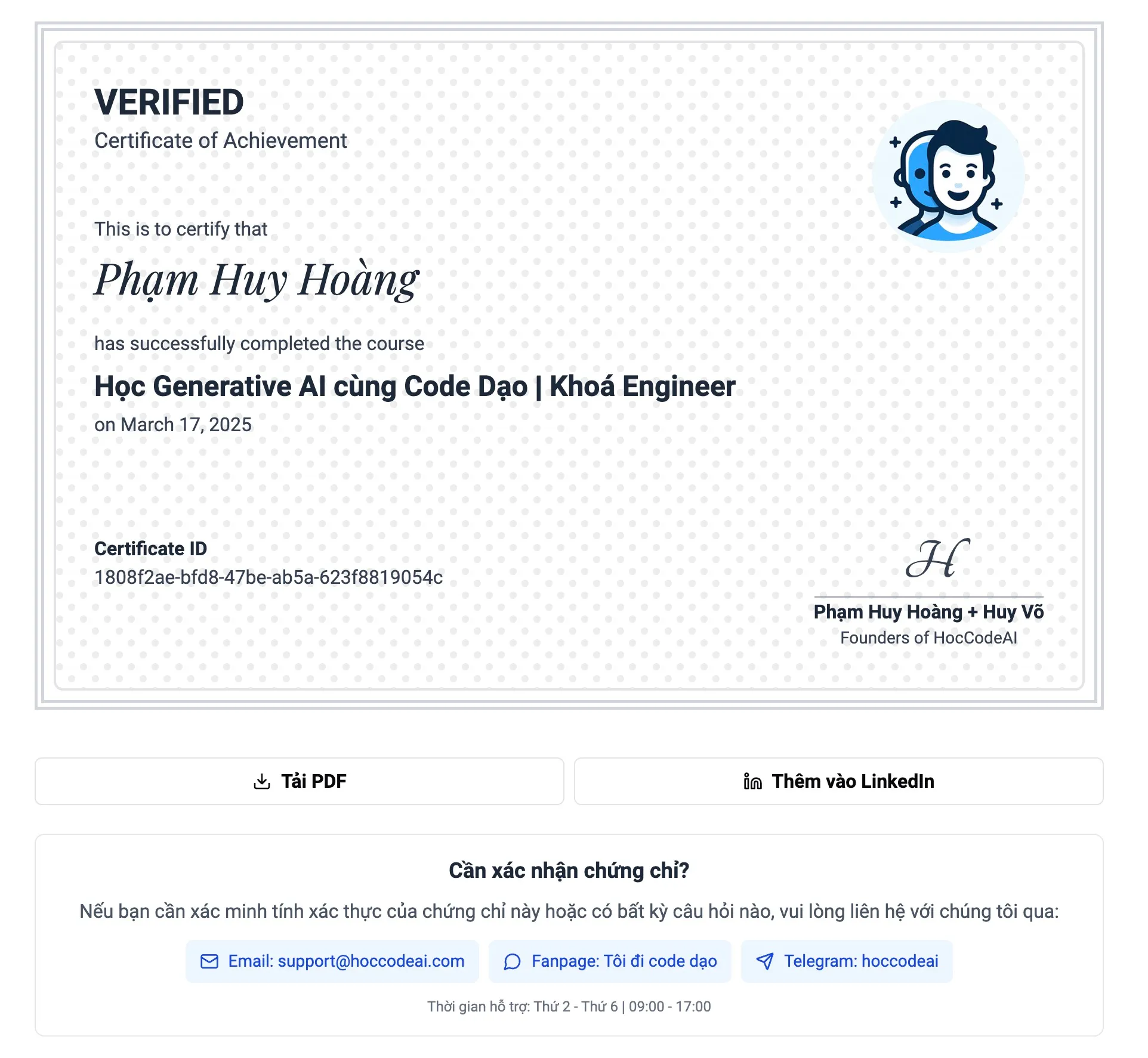 Chứng chỉ hoàn thành khóa học HọcCodeAI